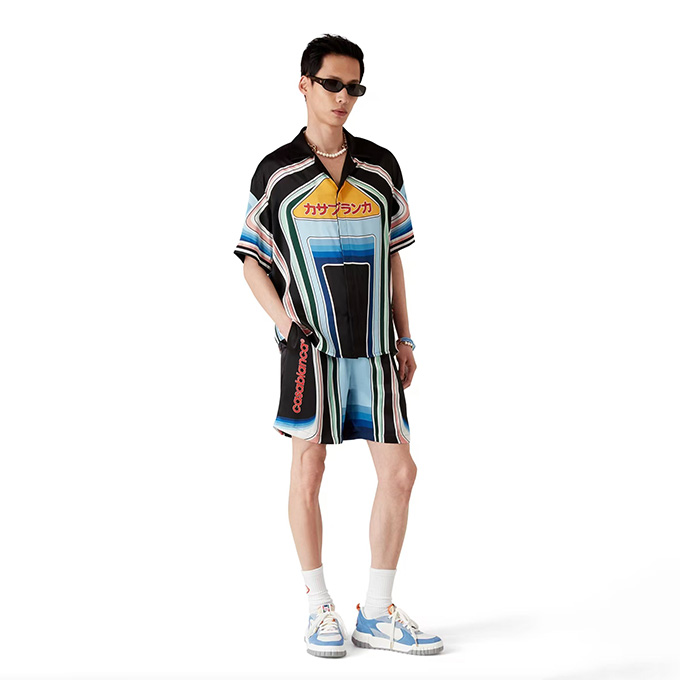 casablanca mountain stripe print silk short sleeve shirt & shorts
